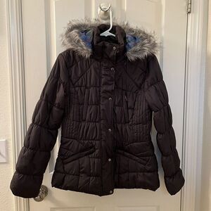 Urban Republic Black Puffer Anorak Jacket Faux-Fur Hood Girls Size Large NWT